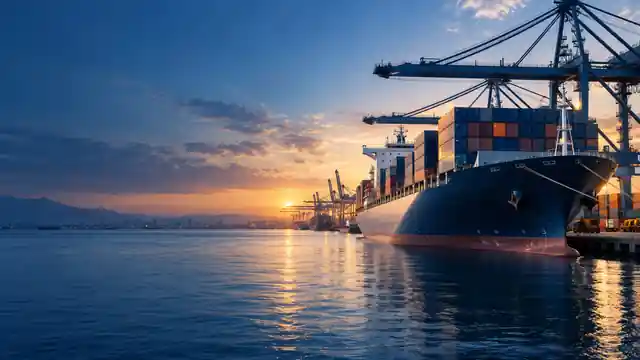 Cargo ship alongside port cranes at sunset